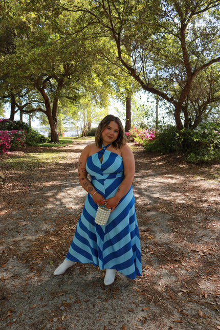 Blue Striped Halter Maxi Dress