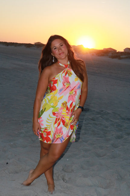 Tropical Floral Halter Mini Dress