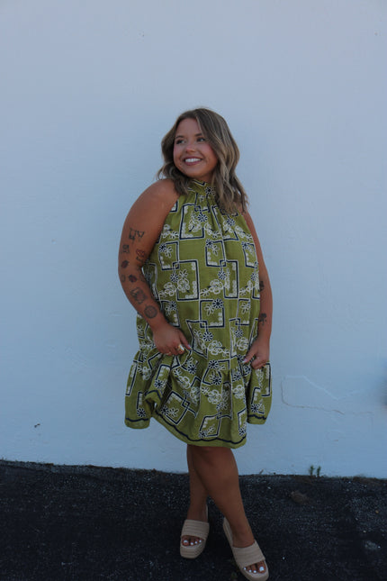Olive Embroidered Halter Mini Dress