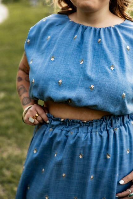 Denim Embroidered Floral Top