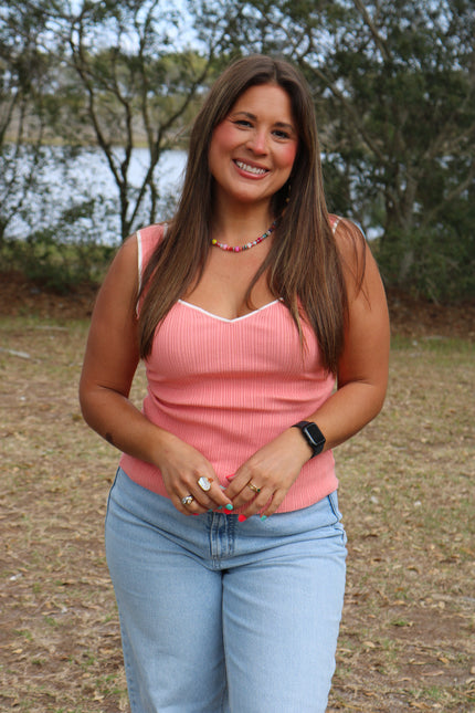 Coral Ribbed Tank w/ White Trim