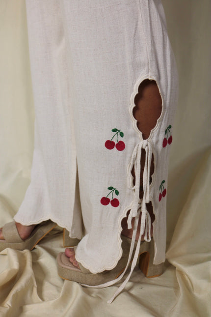 Linen Embroidered Cherry Pants