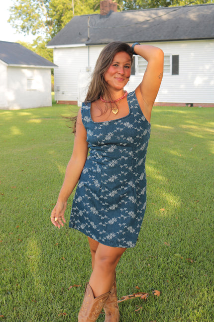 Dark Wash Denim Floral Mini Dress
