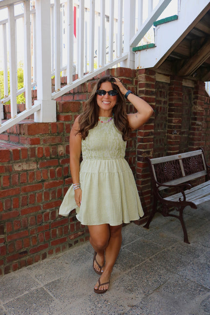 Green Gingham Scrunched Mini Dress
