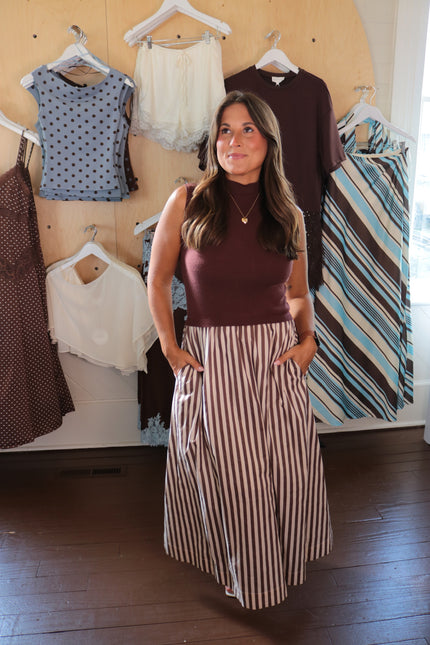Brown & Striped Mixed Media Maxi Dress