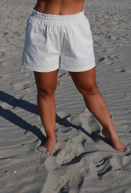 White Scrunch Waist Linen Shorts