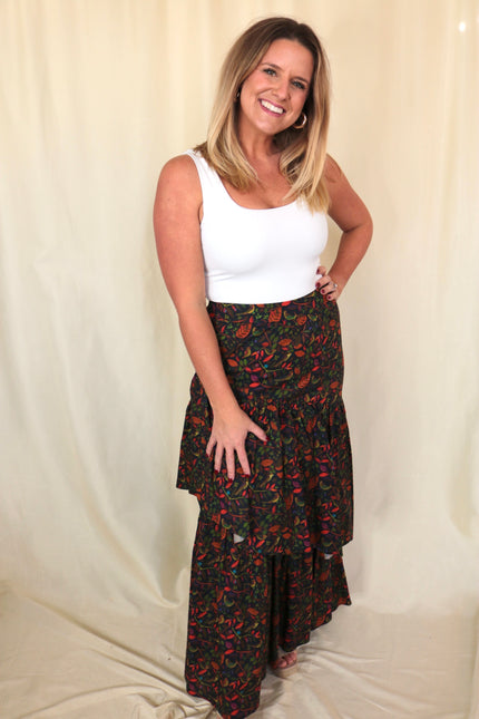 Dark Leafy Patterned Maxi Skirt