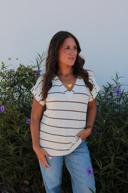 Cream/Brown Striped V Neck