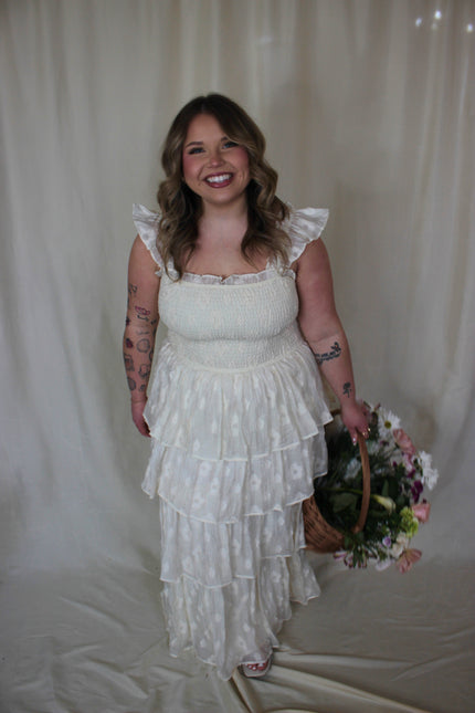 Cream Ruffled Floral Midi Dress