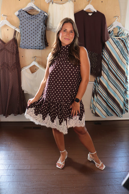 brown polka dot & lace halter mini dress