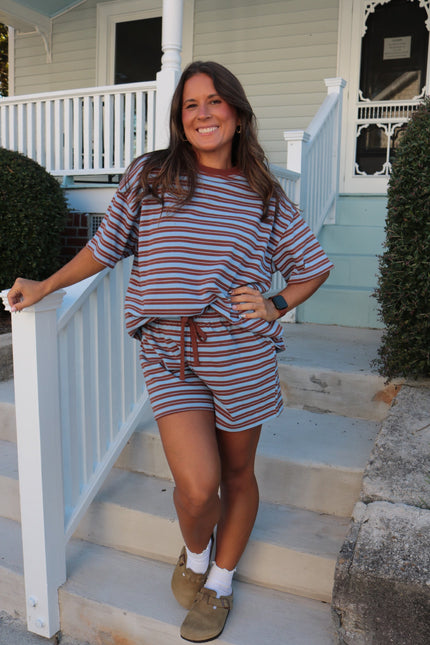 Brown & Blue Striped Lounge Shorts