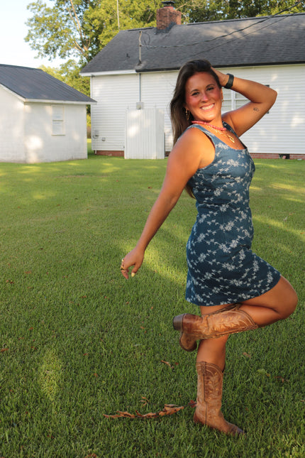 Dark Wash Denim Floral Mini Dress