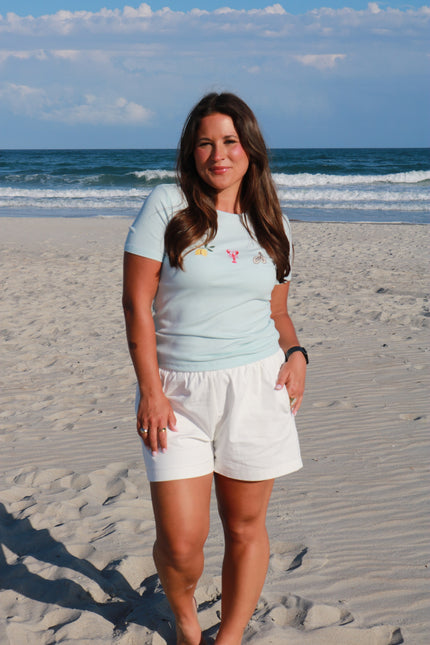 Light Blue Embroidered Seafood Baby Tee