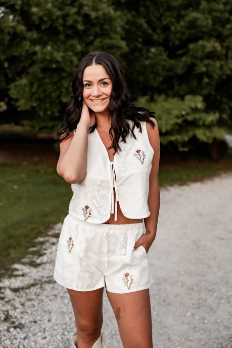 White Tie Vest with Floral Patch Details