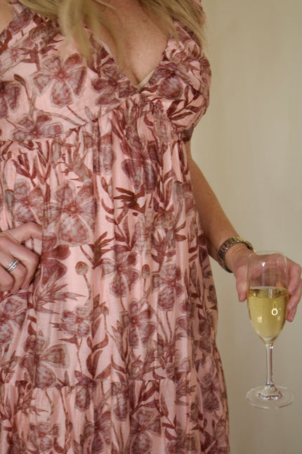 Light Pink & Burgundy Floral Whimsy Maxi Dress