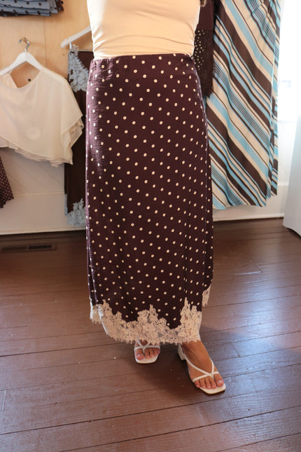 Brown Polka Dot & Lace Midi Skirt