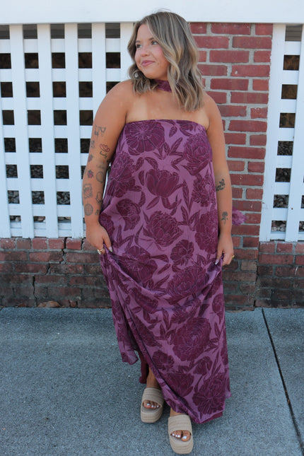 Strapless Burgundy Floral Maxi