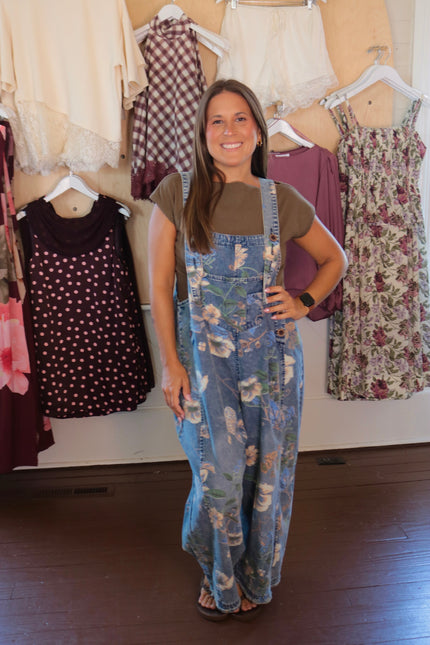Washed Denim Floral Overalls