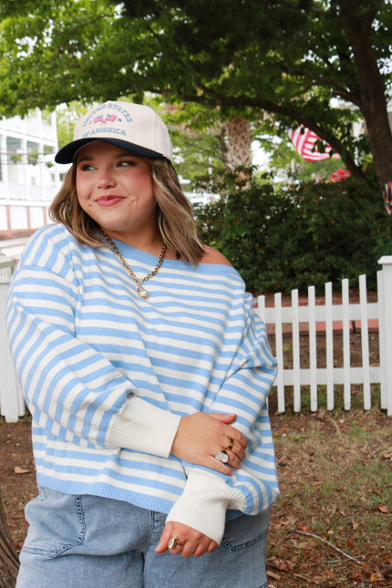 Carolina Blue/White Stripe Off The Shoulder Sweater