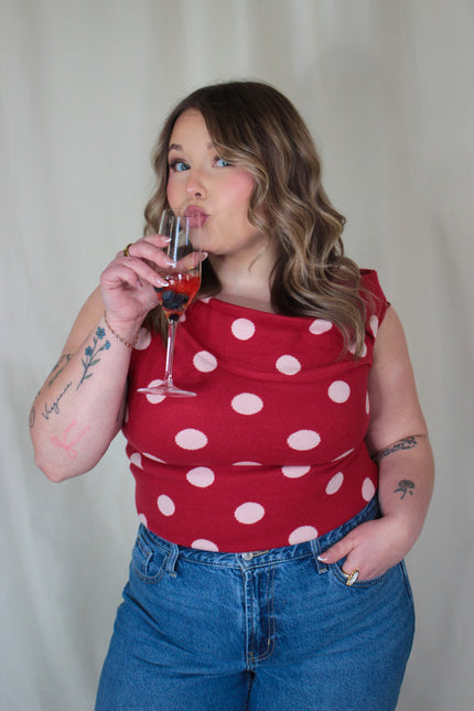 Red/Pink Polka Dot Asymmetrical Sweater Top