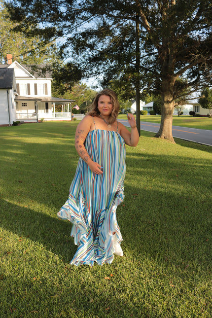 Blues/ Multi Striped Maxi Dress