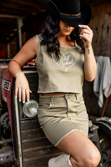Olive Whipstitch Mini Skirt
