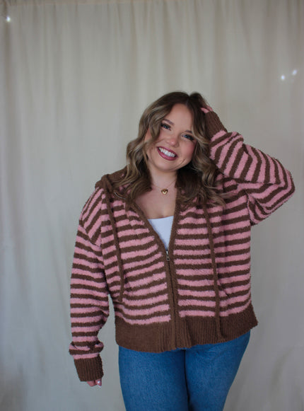 Brown/Pink Striped Fluffy Zip Up