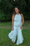 White Eyelet Backless Halter Tank