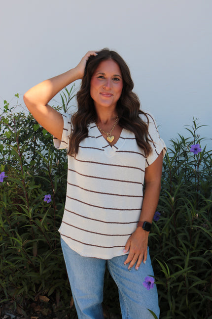 Cream/Brown Striped V Neck
