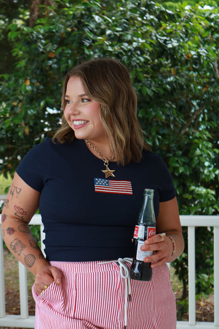 Navy Ribbed American Flag Baby Tee