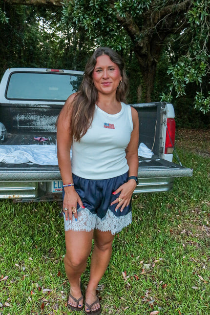 Navy Satin/Lace Short