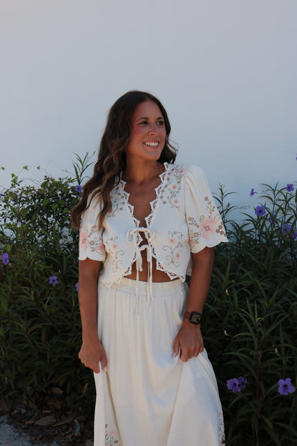 Cream Embroidered Tie Top