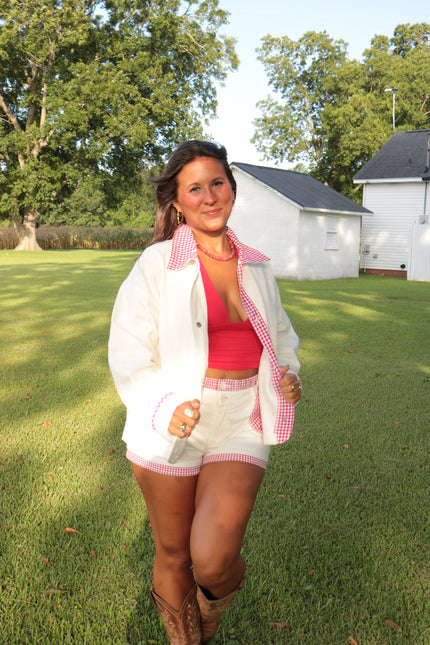 White & Red Gingham Shorts