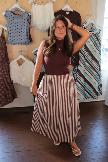 Brown & Striped Mixed Media Maxi Dress