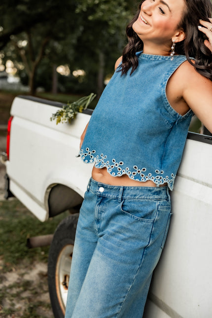 Denim Tank with Eyelet Hem