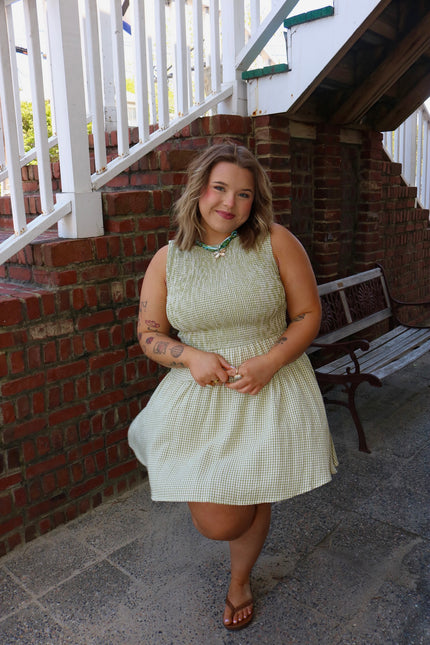 Green Gingham Scrunched Mini Dress