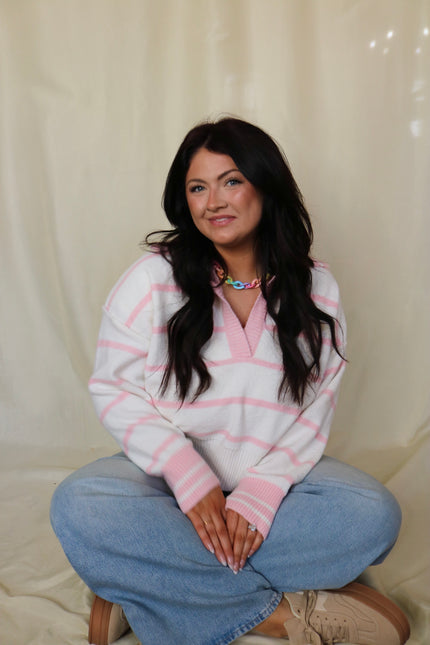 White/Pink Striped V Neck Collared Sweater