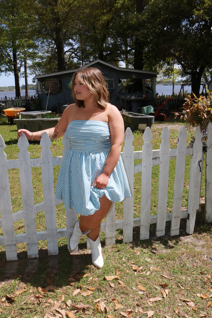 Strapless blue/Cream Striped Mini Dress