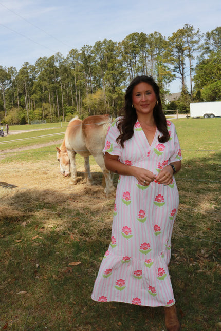 Pink/Green Floral Striped Maxi Dress