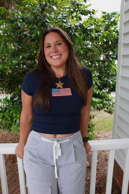 Navy Ribbed American Flag Baby Tee