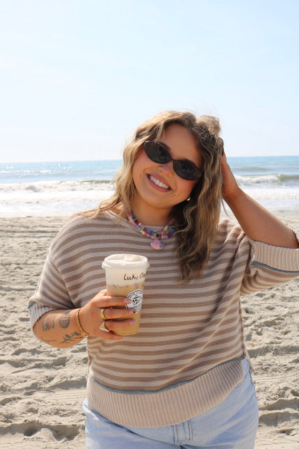 Taupe Striped Short Sleeve Sweater