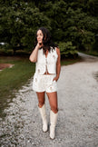 White Patchwork Shorts with Floral & Lace Detail