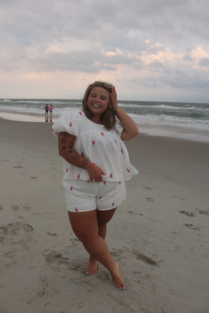 Linen Embroidered Lobster Shorts