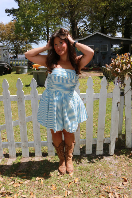 Strapless blue/Cream Striped Mini Dress