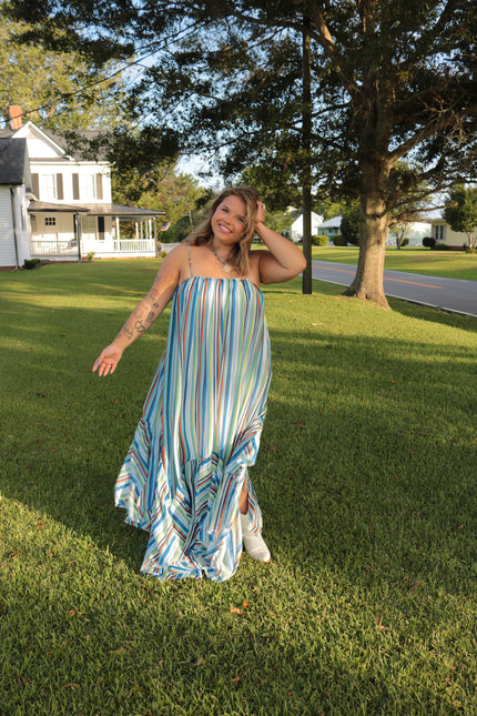 Blues/ Multi Striped Maxi Dress