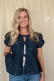 Denim Bow Print Puff Sleeve Top