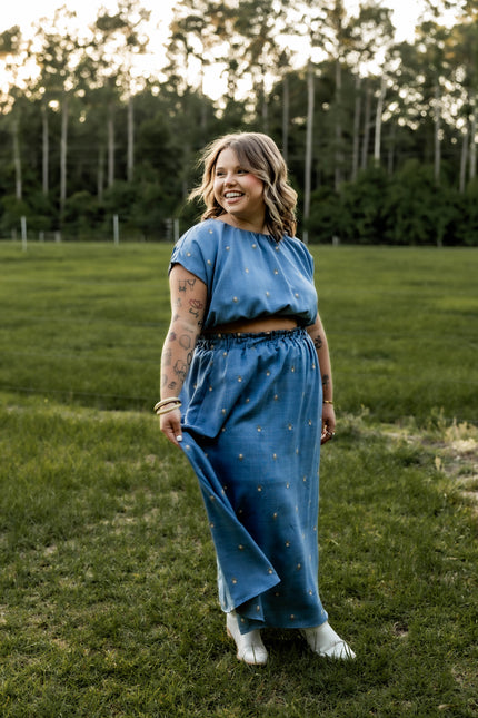Embroidered Floral Denim Midi Skirt