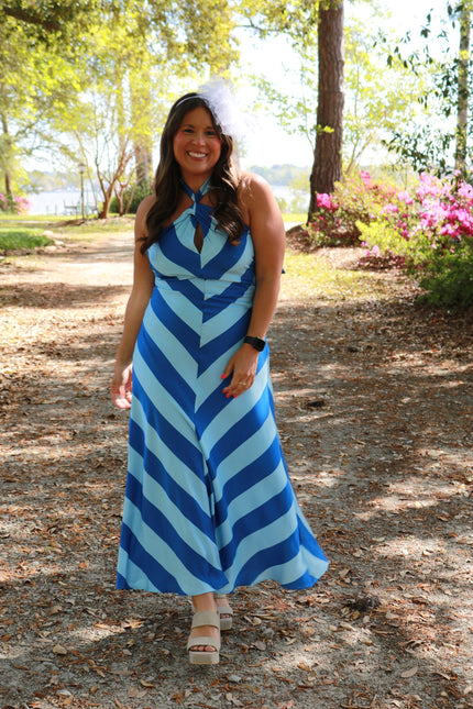 Blue Striped Halter Maxi Dress