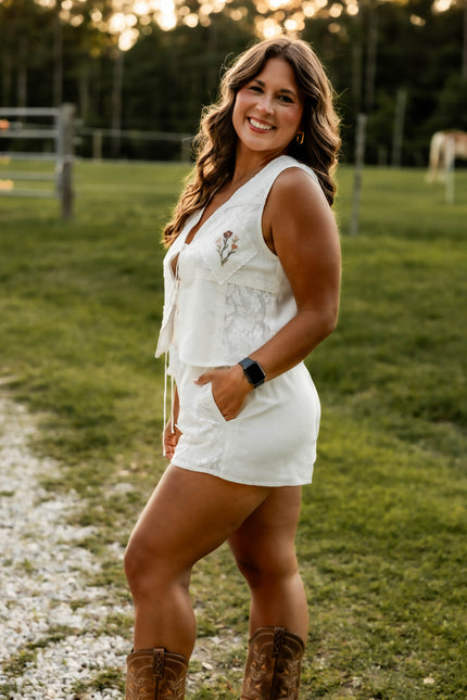 White Patchwork Shorts with Floral & Lace Detail