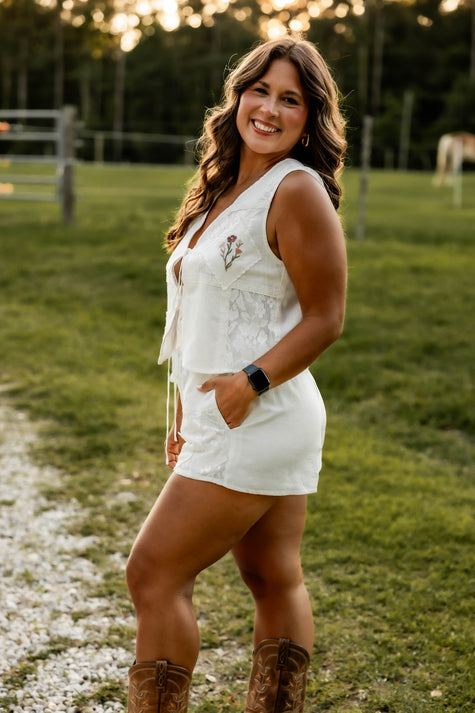 White Patchwork Shorts with Floral & Lace Detail